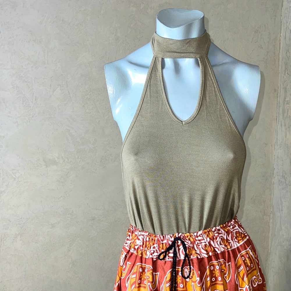 Sage green backless halter top with adjustable neck tie; “Don’t Ask Why”; XS/ SM